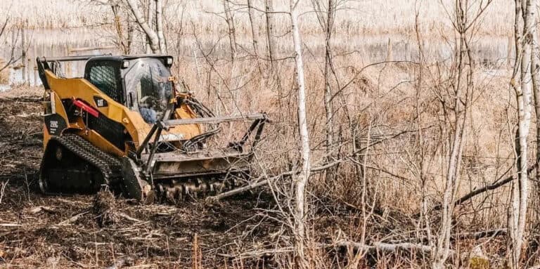 A skid steer loader performing lot clearing in a wooded area near water.